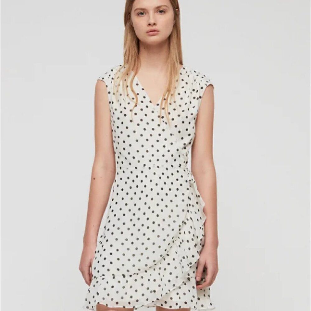All Saints Dress Krystal Dot Wrap Ruffle White Black NWOT Sz Sm